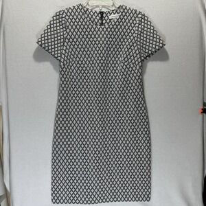 Calvin Klein Dress Womens 4 Black White Geometric Short Sleeve‎ Sheath Workwear